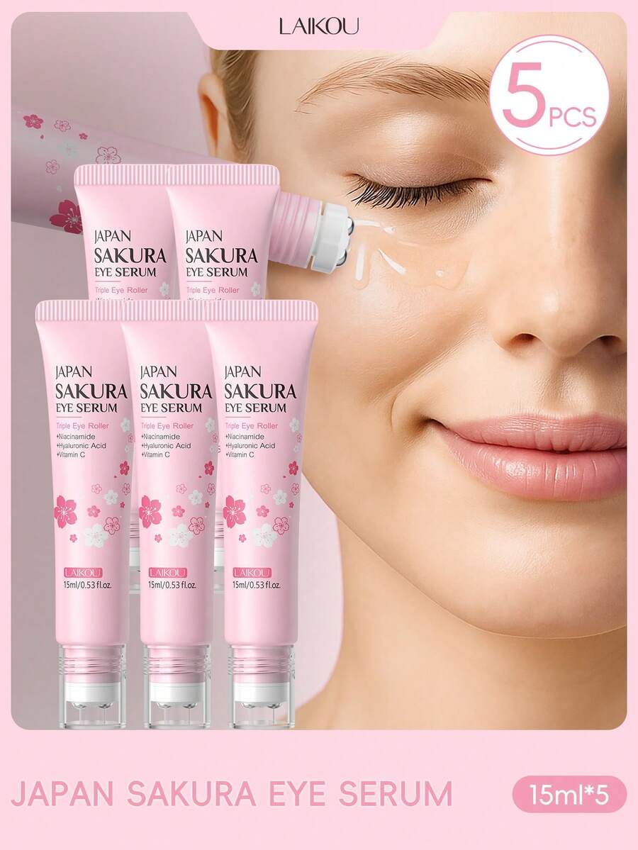 5pcs/Set 15ml LAIKOU Japanese Cherry Blossom Eye Serum, Fades Dark Circles, Anti-Aging, Firms Eyes, Reduces Puffiness, Nighttime SPA Skincare, Gift For Women, Moms, Wives, Sisters, Girls, Girlfriends - 5LK89054 - View 1