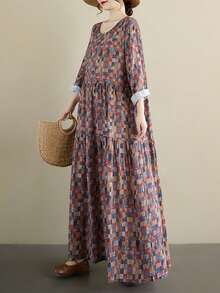 AZAH Bluzki, Jesienna sukienka damska, Kraciasta sukienka jesienna, Sukienka na powrót do szkoły, Jesienna, Nowa, Retro, jesienna sukienka z okrągłym dekoltem i długimi rękawami (2025), Plisowana spódnica, Jesienna odzież damska, Czeska, swobodna sukienka plażowa na wakacje, Jedna sukienka, Losowy nadruk