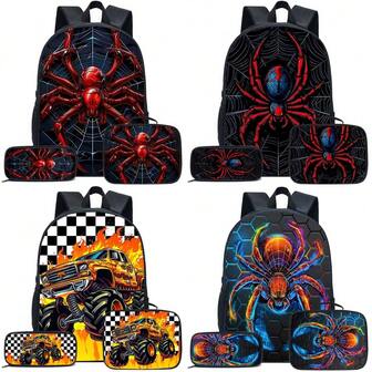 3 件套蜘蛛/卡车-黑色/红色/彩色主题背包套装，带午餐盒和铅笔盒和储物袋 - 涤纶、轻便、时尚混色