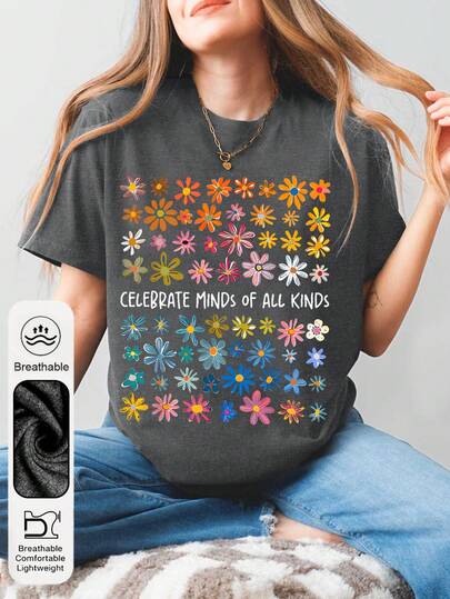 Women's Summer Autism Awareness Graphic Print Crew Neck Short Sleeve Simple Casual Everyday T-Shirt Top, Neurodiversity Women's Top, Special Education Teacher Women's Summer Clothing, Floral Summer Top