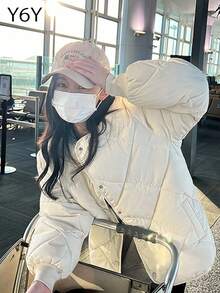 [Y6Y] 菱形图案羽绒服 | 女士时尚保暖轻便冬季羽绒服 - 杏白色 - 查看 7