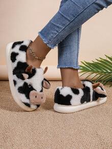 女士秋冬包头保暖厚牛皮印花加大码情侣休闲拖鞋 - 黑色 - 查看 3