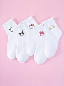 1/5 pares de calcetines para niños con estampados de Hello Kitty, Kitty, KT Cat, My Melody, Kuromi, Pochacco, Cinnamoroll, con puños con volantes