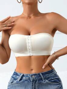 3PCS Women's Multi-Row Button Front-Fastening Strapless Bodysuit, Open-Front Lingerie, Comfortable Wireless, Plain And Simple Seamless Bra Lingerie - Multicolor - View 7