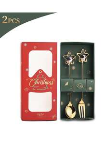 2pcs/Set Cute Christmas Spoon + Christmas Fork - Santa Claus Figurine Spoon + Fork Set - Cartoon Adorable Christmas Gift Set