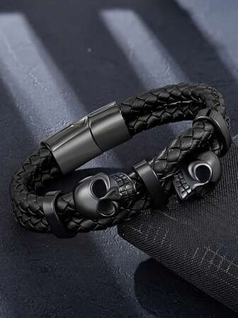 Men's Bracelet - Punk Style Skull Handmade Woven Leather Bracelet - Gift For Boyfriend - Everyday Wear