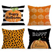4 Stücke Halloween Kürbis Muster Kissenbezug Set, einseitig Muster