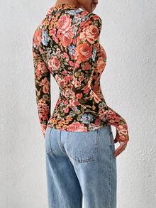 Women Button Down Floral Shirts  Fall Long Sleeve V Neck Ruched Fitted Mesh Blouse Tops Date Outfits Valentine's Day Vacation Fall Clothes For Women - Black Background Flower - View 2