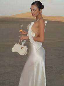 New Stylish And Sexy Spaghetti Strap Backless Dress, Long Vacation-Style Wedding Party Elegant And Sexy Bride Gift Dress, White Women's Knitted Backless Long Dress - 白色 - 查看 2