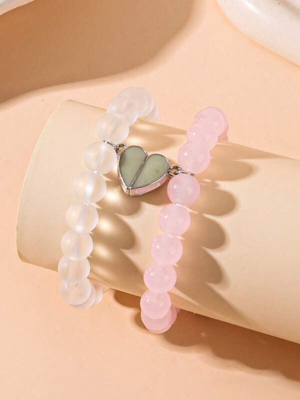 2pcs/Set Glow In The Dark Couple Jewelry Set, Crown & Heart Magnetic Charm Beaded Bracelet, Casual Everyday Wear, Valentine's Day Gift