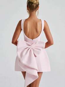 Women's New Summer Pearl Bow Fashionable Slim Short Skirt, Hot Girl Waist-Detached A-Line Solid Color Dress - Hồng - Xem 5