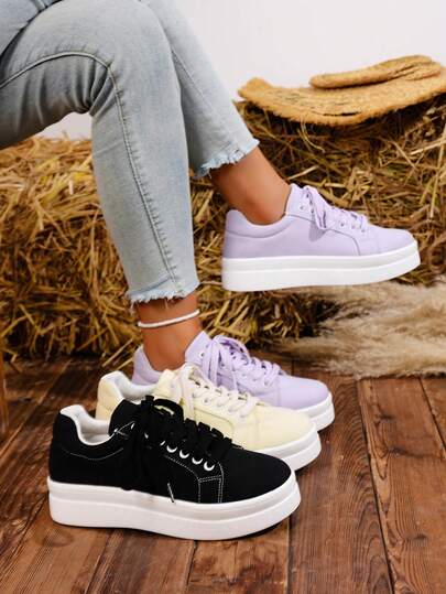 Women's Fashion 2025 New Thick Sole Round Toe Lacing Lightweight Non-Slip Casual Purple Shoes Women's Lacing Outdoor Versatile Small White Shoes Can Be Worn In All Seasons