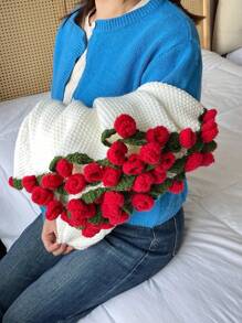 1PC Finished Rose Blanket A Bouquet Of Rose Flowers Handmade Crochet Acrylic Grace Fuzzy Sweater Lily Of The Valley Throw With Milk Rose Fringe Bed Couch Mother's Day Gift Just For Mommy