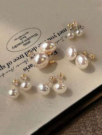 5pcs/Set Minimalist French Style White Flat Round Bun Faux Pearl Stud Earrings, Elegant Vintage High-End Earrings Suitable For Women's Daily And Holiday Wear