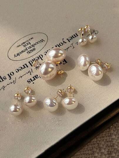 5pcs/Set Minimalist French Style White Flat Round Bun Faux Pearl Stud Earrings, Elegant Vintage High-End Earrings Suitable For Women's Daily And Holiday Wear
