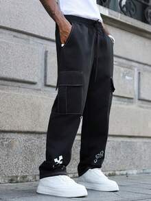 Plus Size Men's Cargo Pants With Pockets And Drawstring, Casual , Fall