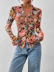 Women Button Down Floral Shirts  Fall Long Sleeve V Neck Ruched Fitted Mesh Blouse Tops Date Outfits Valentine's Day Vacation Fall Clothes For Women - Black Background Flower - View 5