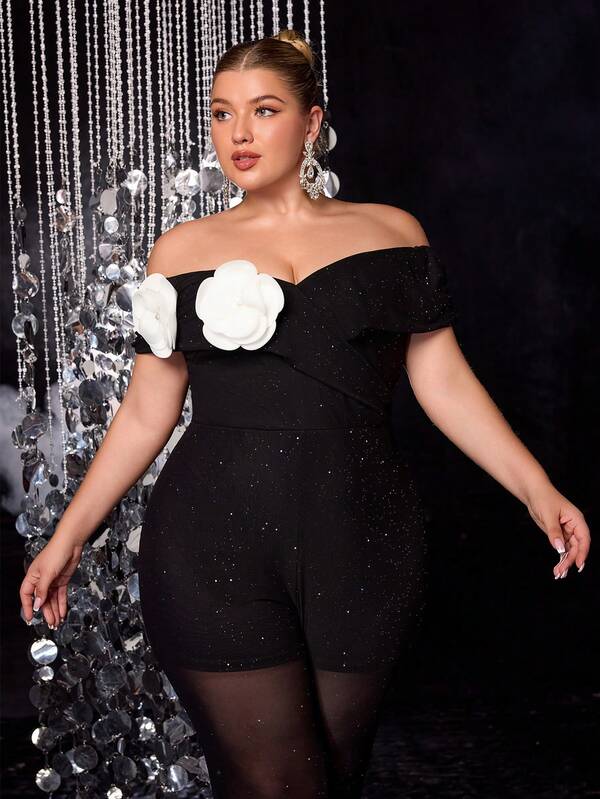 Women's Elegant Metallic Print Mesh Detachable 3D Floral Criss-Cross Jumpsuit With Ruched Off Shoulder Design, Plus Size, Suitable For Parties And Special Occasions