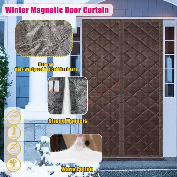 ستارة باب عازلة للحرارة مغناطيسية - قماش أكسفورد ثقيل، بطانة مسمكة، زيادة في الارتفاع بمقدار 2 بوصة، تناسب أبواب الزجاج الانزلاقية 80-120 سم، تحافظ على الدفء وتقلل الضوضاء في الشتاء، لون بني، ستارة باب شتوية، عزل باب انزلاقي، سطح منسوج، بنية متينة، عزل المنزل، تصميم، خياطة مقواة، حل عزل المنزل