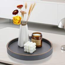Plateau décoratif rond à rayures verticales avec bordure dorée, plateau en PU pour la décoration de table, la décoration de la maison, le rangement de bureau pour les bijoux, les parfums, les clés - Esthétique de luxe