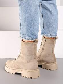 Women's Lace-Up Chunky Boots - Casual Winter Rock Style - Khaki - View 4