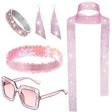 6pcs/Set 70s Disco Glitter Women's Shiny Scarf, Sunglasses, Bracelet, Headband Accessory Set, Costume Party Supplies, Fashion Stylish Basic Stage Outfit Halloween Costume