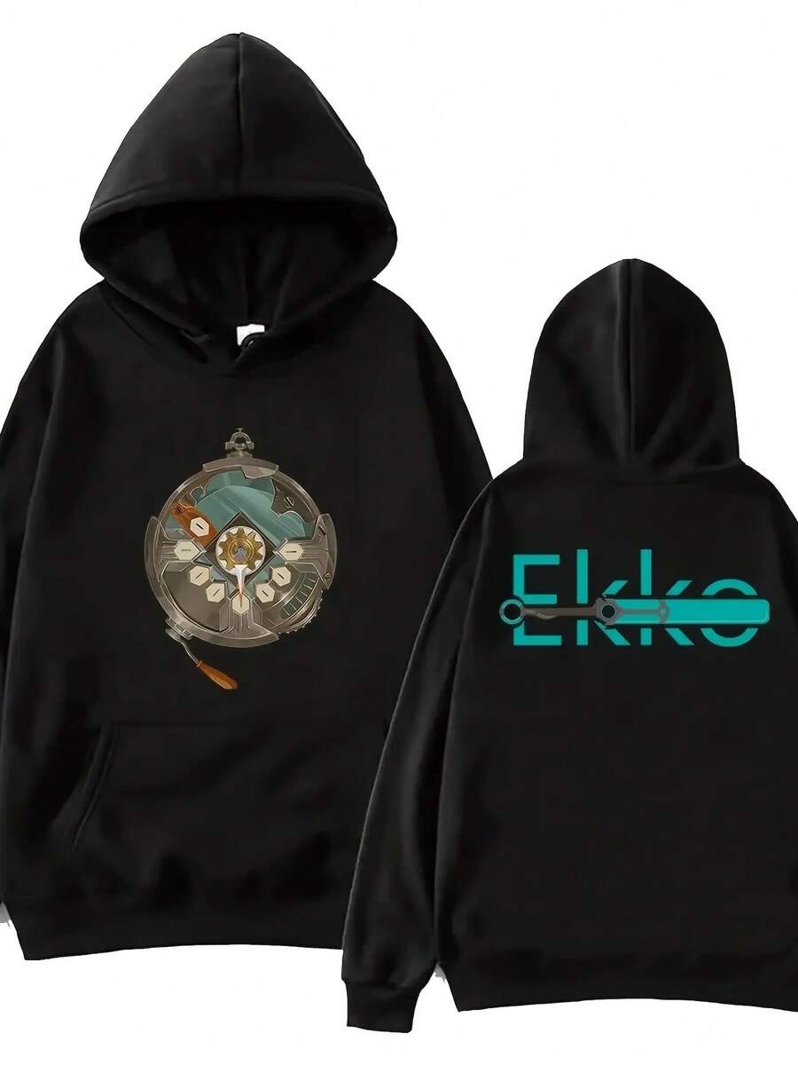 Sudadera con capucha estampada de patrón de cronómetro cómoda y moderna de otoño e invierno - Negro - Ver 1