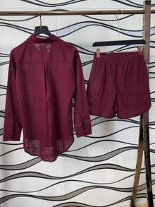 Imported Women's Linen Set / Button / Lining / / Women's - Burgundy - View 5