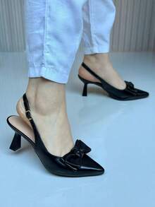 Women's Slingback Pumps, Medium Heel, Pointed Toe With Bow – Black, Caramel And Nude – Elegant And Comfortable - 黑色 - 查看 6