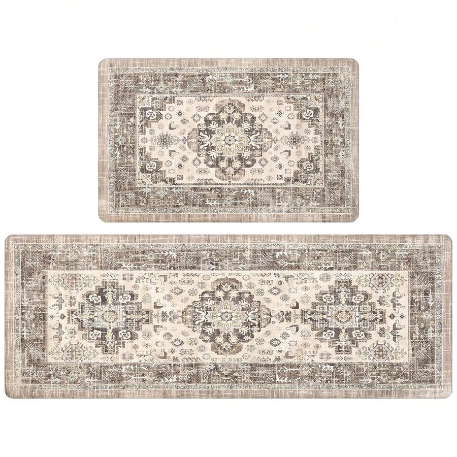 Pauwer Kitchen Rugs Set Of 2 Anti Fatigue Kitchen Mats For Floor Cushioned Kitchen Rugs And Mats Non Skid Washable Kitchen Floor Mat Comfort Standing Mat Waterproof Kitchen Runner, Brown - 棕色 - 查看 1