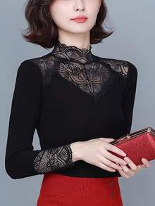 High Collar Lace Camisole, New Stylish And Fashionable Thin Layering Top For Mothers, Black, Spring/Autumn - Black - View 3