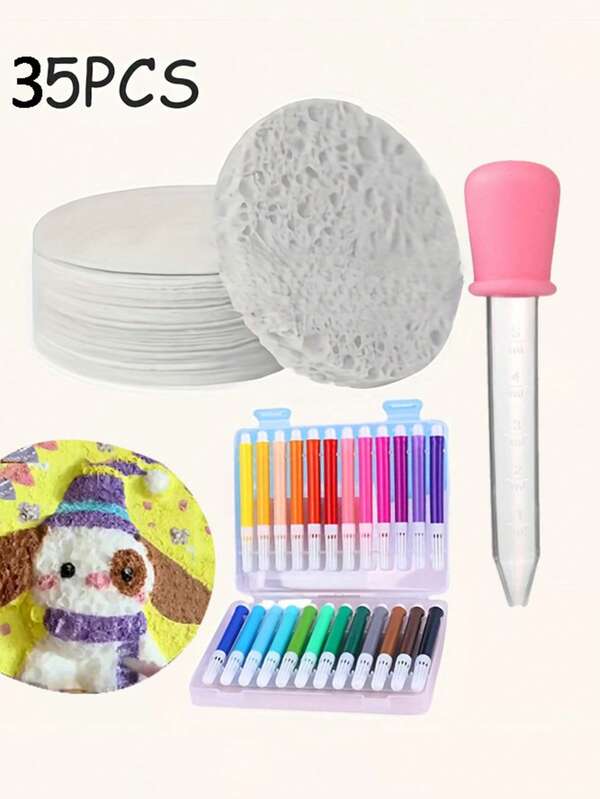 35/45 peças de tela de esponja 3D, papel cartão redondo tridimensional, papel de expansão de espuma para artesanato, pintura faça você mesmo, textura de espuma de compressão, pintura criativa e interessante em papel, com caneta aquarela de 24 cores e 1 tubo de gota d'água, adequado para produção de festas de amigos, Natal, escola, escritório, interação de atividades familiares.