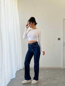 Women's Delilah Mid-Rise Slim Bootcut Jeans With Floral Embellished Faux Flap Pockets Women's Cool Border Mid-Rise Bootcut Jeans - 藍色 - 查看 4