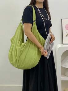 大容量可折叠纯色单肩包，返校简约风格女士斜挎包，拉链封口尼龙布包，休闲百搭手提包，适合工作、学习、旅行 - 薄荷綠 - 查看 9