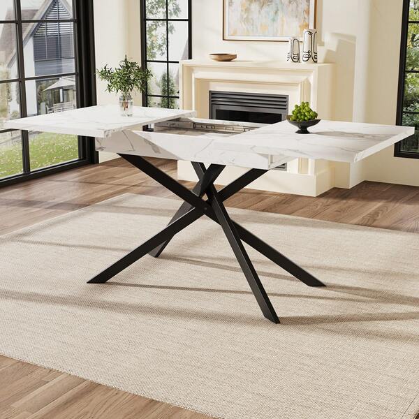 Tavolo da Pranzo Estensibile, Tavolo Telescopico con Gambe in Ferro Incrociate, Tavolo Cucina Compatto per Salotto e Cucina, Regolabile da 120-160 cm, Piano in Marmo Bianco con Base Nera