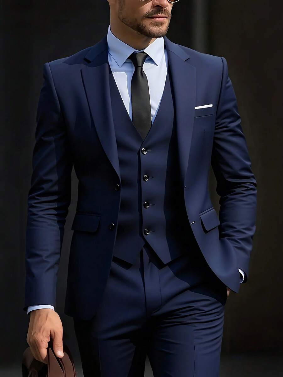 Men Suits Set Business Casual Blazer Pants Vest 3 Piece Wedding Groom Tuxedo Formal Office Outfit Slim Fit Classic Style Best Selling Men Suits For Wedding Groom Business Casual 3 Piece Set Slim Fit Blazer Pants Vest Formal Office Outfit Stylish Design Trajes Para Hombres Elegantes - 藏蓝色 - 查看 1