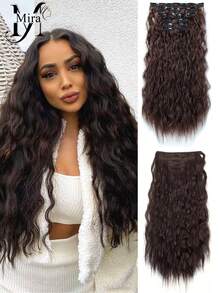 Clip In Hair Extensions,6PCS Hair Extensions Long Mermaid Waves Wavy Synthetic Clip On Hairpiece For Women 24 Inch Ash Brown With Blonde Highlights