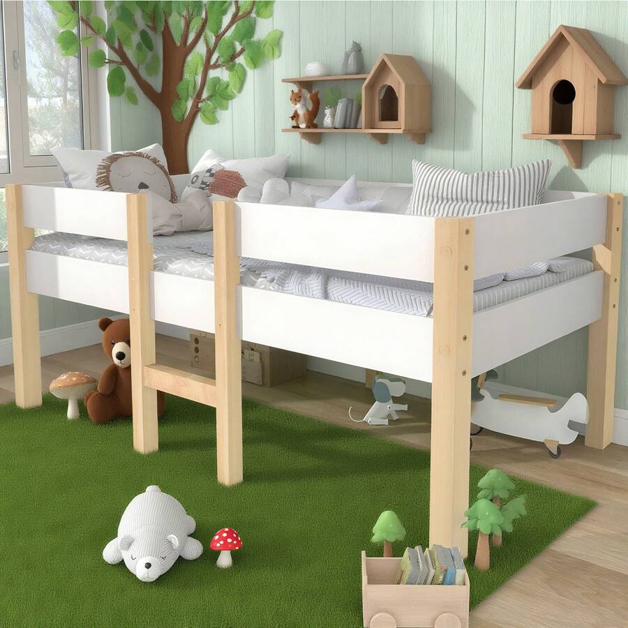 Bett Kinderbett mit Rausfallschutz, Kiefer-Vollholz-90x190 cm-Weiß & Eiche