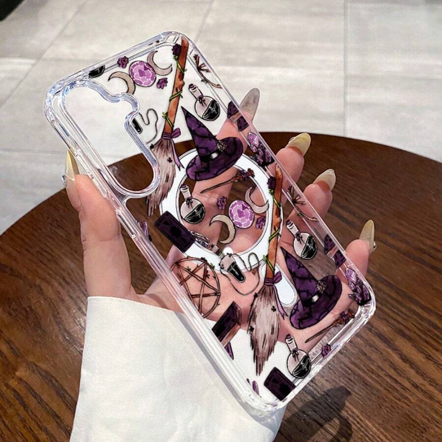 Witch Magic Hat Broom Pattern Large Hole Transparent Acrylic Magnetic Ring Mobile Phone Case For IPhone 17 Air 16 15 14 13 12 Pro Max/17 16 15 14 Plus X/Xs Max Suit For Samsung S22 S23 S24 S25 Ultra/Plus/FE/+ Hard Case Supports Wireless Charging - 透明的 - 查看 1