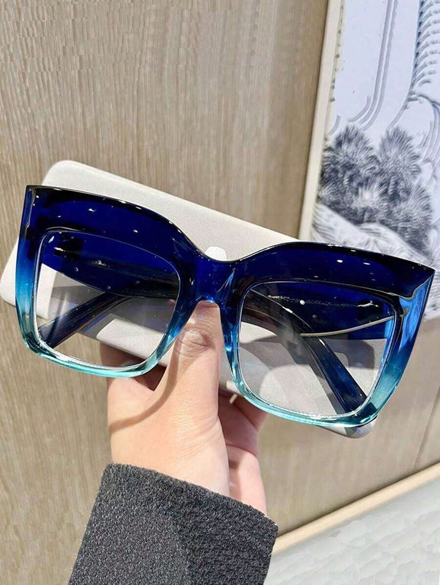 1pc Thick Frame Oversized Cat Eye Clear Glasses, Fashion - 藍色 - 查看 1
