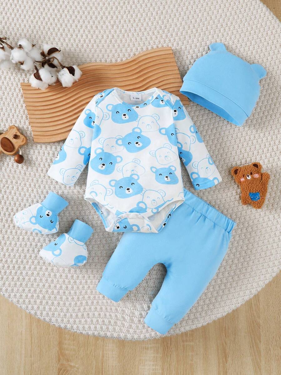 Bộ 4 món cho bé trai sơ sinh, gồm áo liền quần dài tay in hình gấu dễ thương, quần dài, tất và mũ. - Màu xanh lam - Xem 1