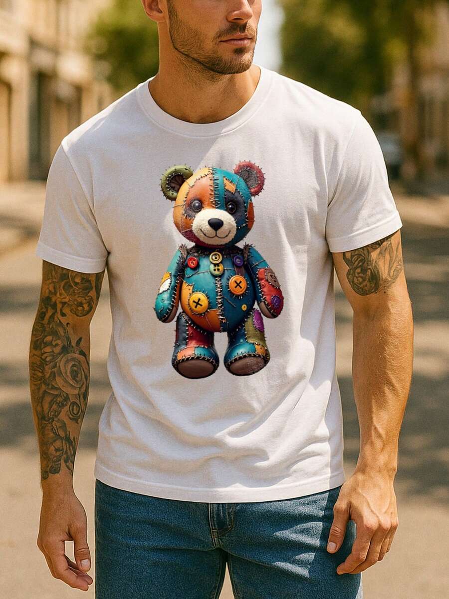 Men's Cartoon Bear Print T Shirt Graphic Crewneck Short Sleeve Tee Tops - Đỏ và trắng - Xem 1