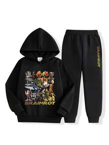 Young Boy Funny Cartoon 3D Animal & Mythical Creature Graphic Letter Print Hoodie And Sweatpants Set - Black - View 1