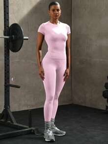PinkTip Conjunto moldeador sin costuras - Top deportivo de unicolor y leggings de cintura alta, adecuado para yoga y correr - Rosa - Ver 4
