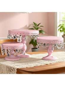 3Pcs Antique Cake Stand Set - Round Metal Cupcake Stands With Pendants And Beads - Elegant Dessert Display, For For Wedding, Birthday Party Decor, Gold/Champagne/Cream White - 粉色 - 查看 2