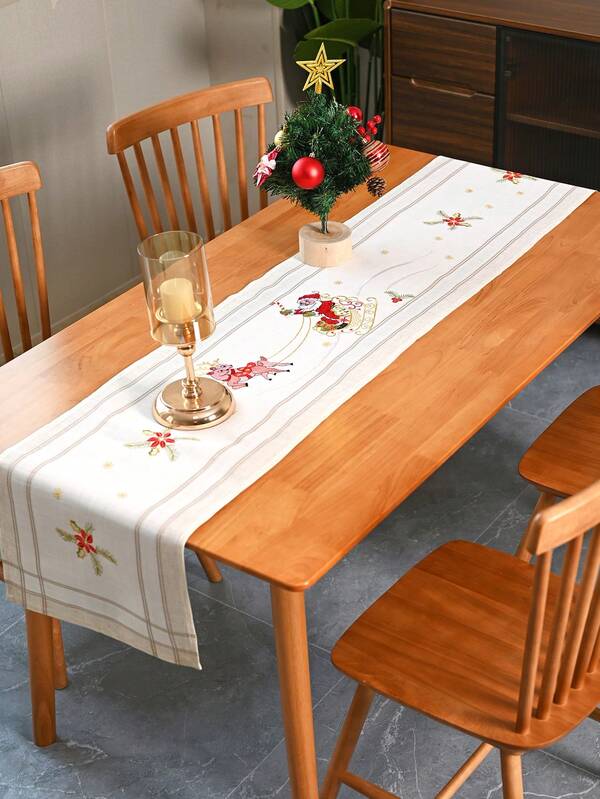1pc Beige Christmas Table Runner, Farmhouse Style Polyester Woven Fabric With Santa Claus & Reindeer Embroidery, Suitable For Living Room, Bedroom, Dining Table, TV Cabinet, Sideboard, Chest Of Drawers, Etc.