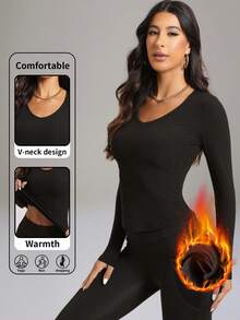 1 Stück Herbst/Winter Langarm Top mit V-Ausschnitt und Rippstrick, einfarbiges lässiges vielseitiges U-Saum Design in Slim Fit, geeignet für Oberbekleidung, Sport, Yoga und Unterhemd - Schwarz - Übersicht 1
