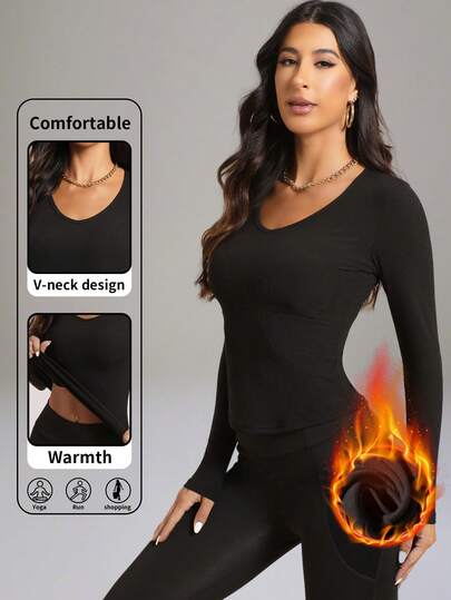 1pc Autumn/Winter Brushed V-Neck Ribbed Long Sleeve Top, Solid Color Casual Versatile U-Hem Design Slim Fit, Suitable For Outerwear, Sports, Yoga, And Undershirt