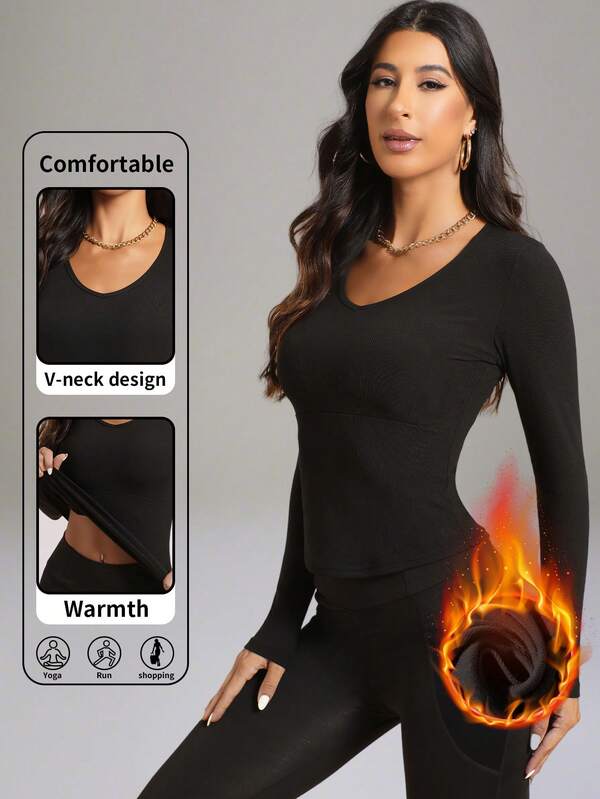 1pc Autumn/Winter Brushed V-Neck Ribbed Long Sleeve Top, Solid Color Casual Versatile U-Hem Design Slim Fit, Suitable For Outerwear, Sports, Yoga, And Undershirt