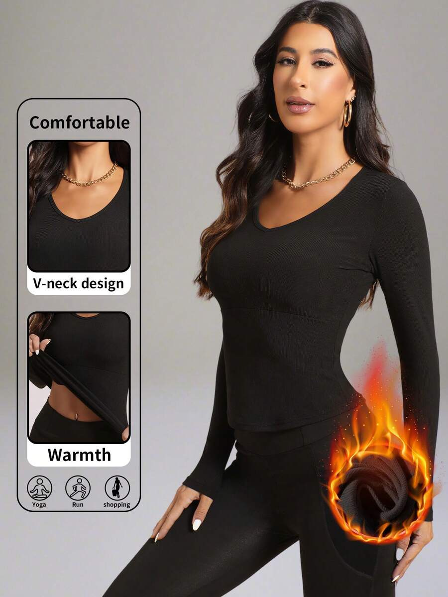 1 Stück Herbst/Winter Langarm Top mit V-Ausschnitt und Rippstrick, einfarbiges lässiges vielseitiges U-Saum Design in Slim Fit, geeignet für Oberbekleidung, Sport, Yoga und Unterhemd - Schwarz - Übersicht 1